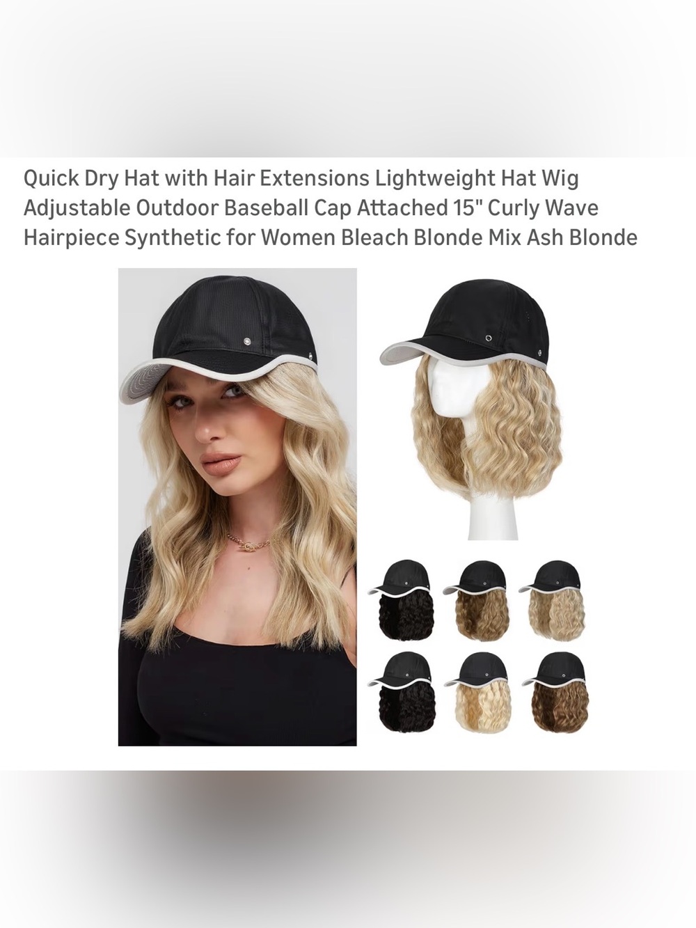 Adjustable Black Baseball Cap with 15" Curly Wave Bleach Blonde Hairpiece